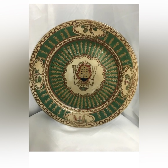 Oriental Accent Wall Plate Ceramic Handmade Decor Green Gold Water Carrier Art